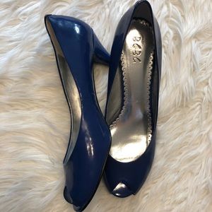 Short dark blue heeled open toe